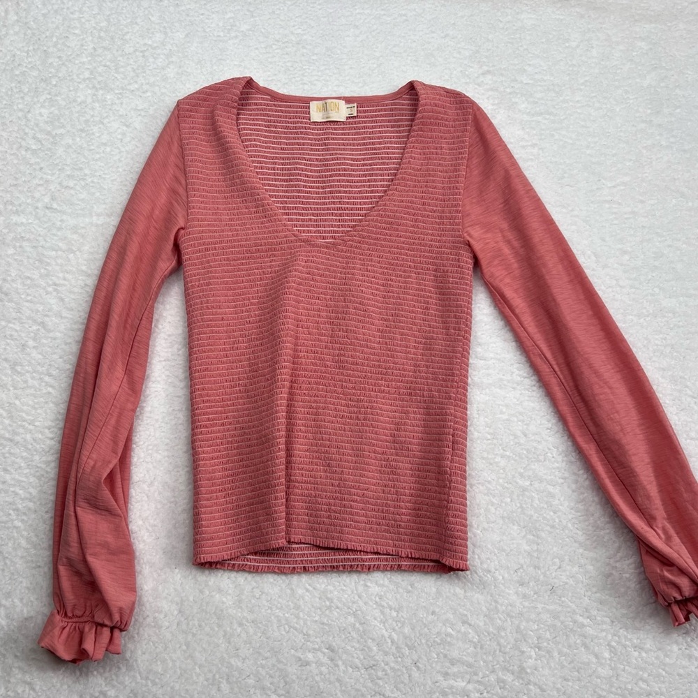 Nation LTD Long Sleeve Ribbed V-Neck Top in Dusty Rose
